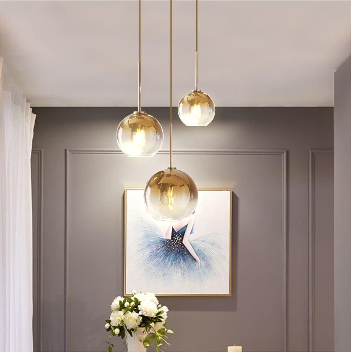 Modern 3-Pack Gold Globe Pendant Lighting Adjustable Length Lamp LED Farmhouse Light Fixtures Brass Dining Room Decor Hanging Light for Bedroom Kitchen Island Entryway