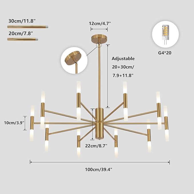 Modern Gold Brass LED Sputnik Chandelier 20-Light Luxury Round Pendant Lighting Fixture with White Acrylic Lampshade for Dining Room Living Room Bedroom