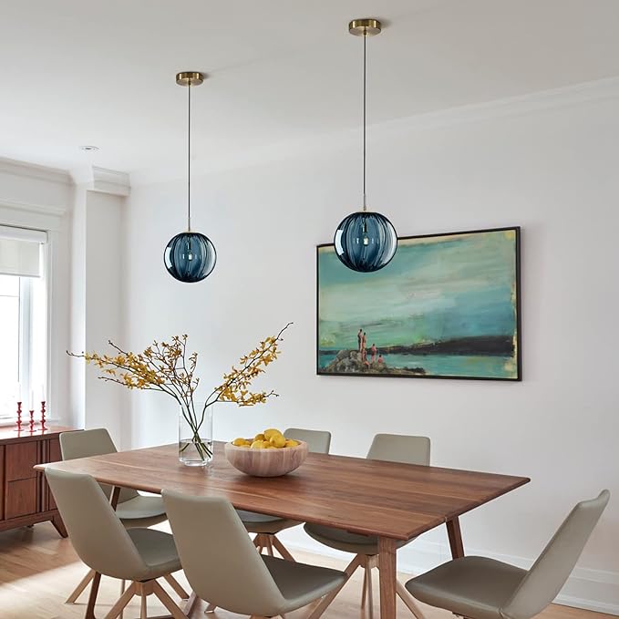Modern 1-Light Globe Pendant Light Blue Glass Pendant Lights Kitchen Island Single Striped Glass Pendant Light Contemporary Mini Gold Hanging Light Fixture (Blue-7.9”)