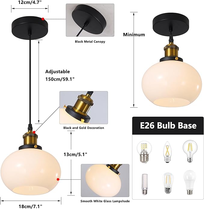 Mid Century Modern 1-Light Large Globe Pendant Lighting Black Brass Industrial Dome Kitchen Island Pendant Light Fixture Gold White Glass Ball Hanging Ceiling Light