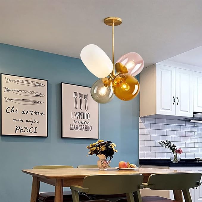 Modern Colorful Pendant Light Gold Globe Pendant Lighting Stained Glass Balloon Chandelier Light Fixture Colored Glass Pendant Lights Kitchen Island for Kids Room