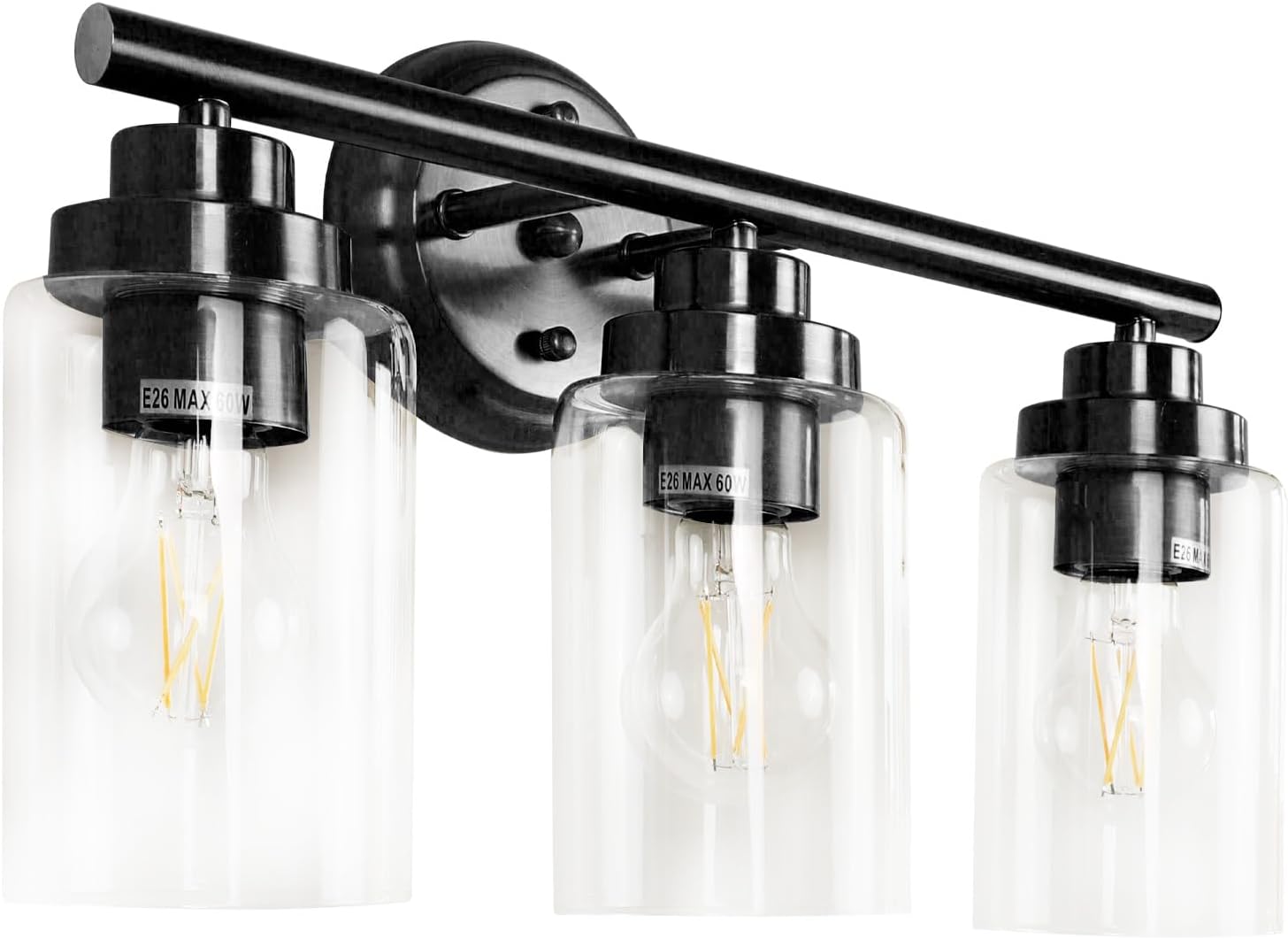 3-Light Wall Light, Bathroom Vanity Light Fixture with Clear Glass Shade, Black Wall Sconces Lighting