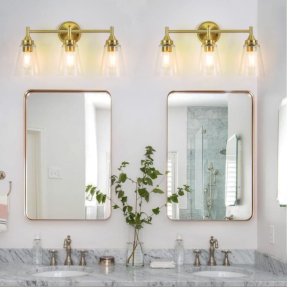 3-Light Modern Wall Light Fixture, Bathroom Vanity Light Over Mirror with 3 Clear Glass Shade