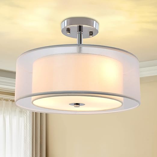 3-Light Industrial Semi Drum Flush Mount Light, 15 Inch Double Drum Pendant Close to Ceiling Light Fixture