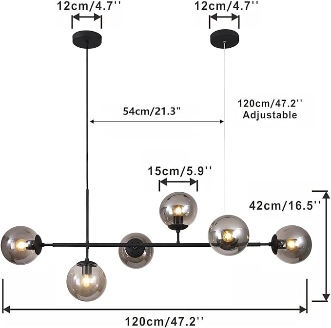 6-Light Mid Century Modern Rectangle Sputnik Chandelier Black Farmhouse Linear Chandelier Glass Globe Pendant Light Vintage Kitchen Island Lighting (Black+Smoke Gray)