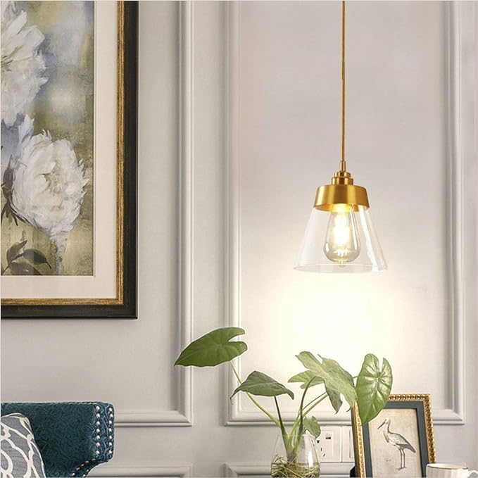 Modern Glass Glass Pendant Light Fixture Gold Brass Pendant Lighting with Conical-Shaped and Adjustable Cord for Kitchen Island, Bathroom