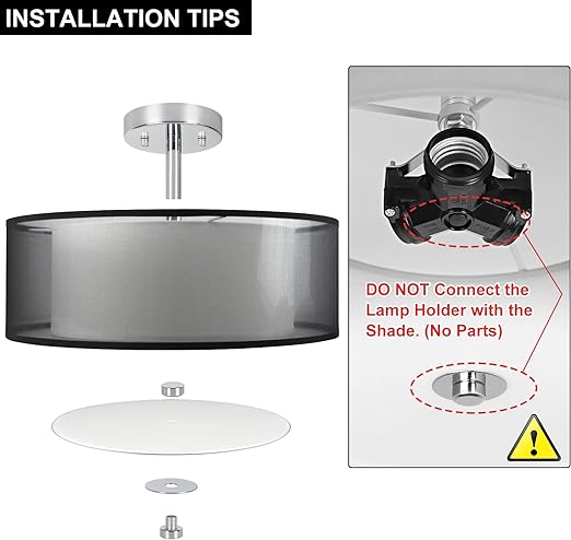 3-Light Semi Flush Mount Ceiling Light Fixture, Modern 15" Black Ceiling Lamp with Double Fabric Shade