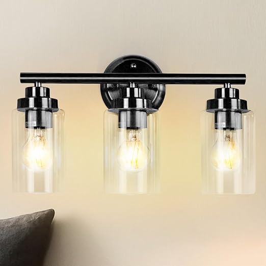 3-Light Wall Light, Bathroom Vanity Light Fixture with Clear Glass Shade, Black Wall Sconces Lighting
