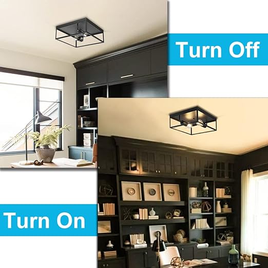 Industrial Metal Flush-Mount Ceiling Lighting Fixture, 13” Square Farmhouse Close to Ceiling Light