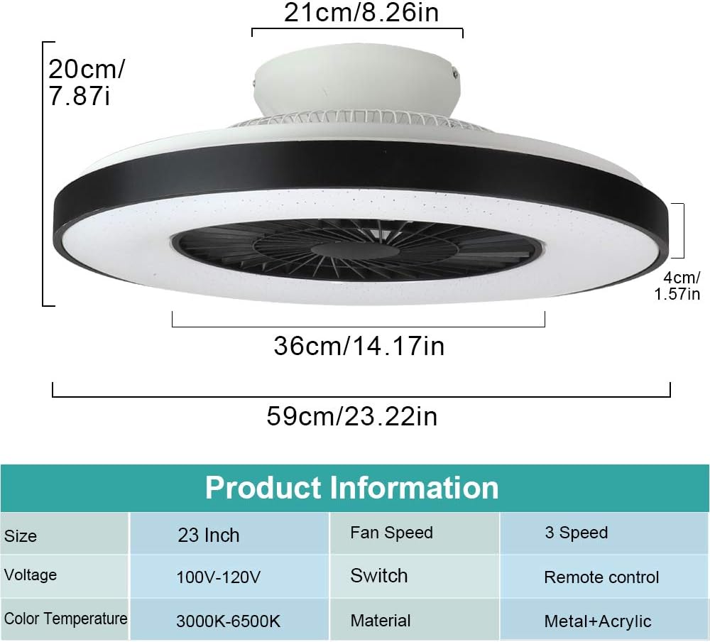 Modern Ceiling Fans with Lights, 40W LED Dimmable with Remote, 7 Invisible Blades Semi Flush Mount Ceiling Fan Light