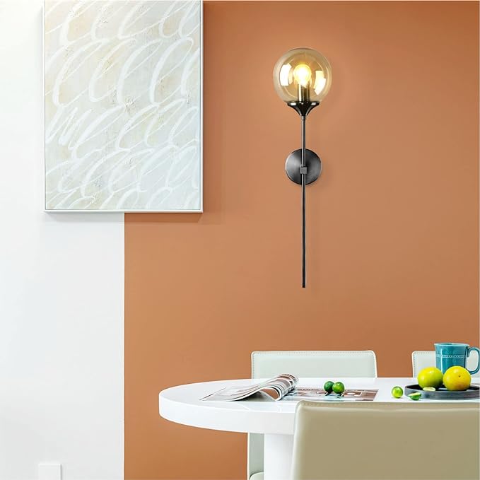 Amber Glass Globe Wall Sconce Black Slim Long Arm Wall Lamp Mid Century Modern Wall Mounted Reading Light for Bedside Stairs Bathroom Mirror