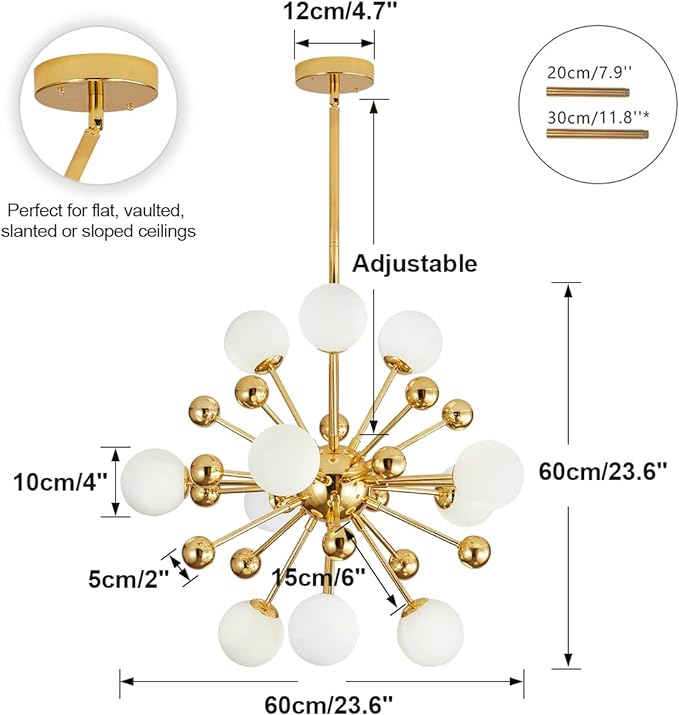 Sputnik Chandelier Lighting Fixture Gold Mid Century Modern Hanging Pendant Light, Frosted Glass Modern Ceiling Pendant Light Living Room Dining Room (11 Lights)