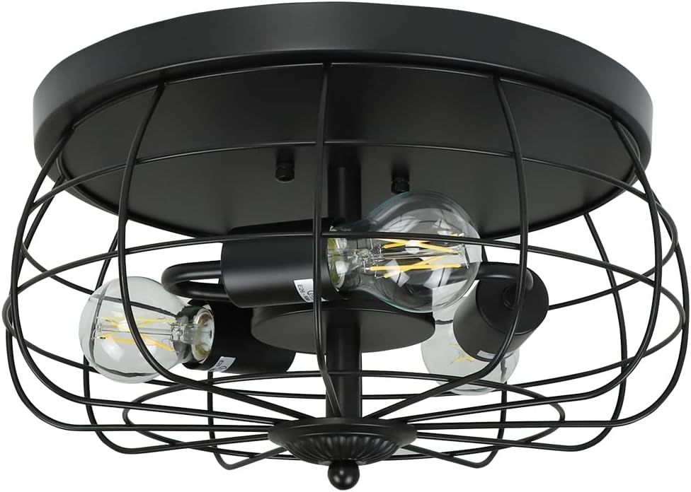 3-Light Industrial Flush Mount Ceiling Light Fixture, 14.96'' Farmhouse Matte Black Close to Ceiling Light