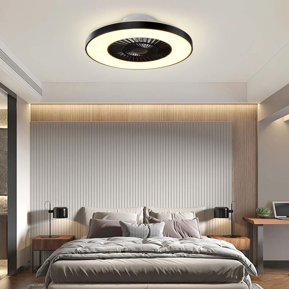 Modern Ceiling Fans with Lights, 40W LED Dimmable with Remote, 7 Invisible Blades Semi Flush Mount Ceiling Fan Light