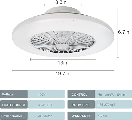 Ceiling Fan with Led Lights, 20'' Modern Ceiling Fan with Remote Control and Light for Indoor Bedroom Living Room Kitchen