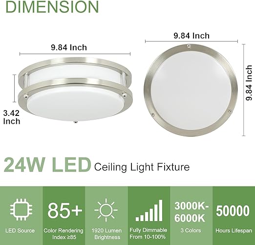 24W LED Ceiling Light Fixture, 10 in Flush Mount Ceiling Light, Brushed Nickel Round Lamp