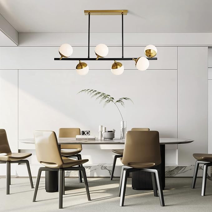 Mid Century Modern Chandelier Black Gold Globe Pendant Light Fixture 6-Light Industrial Milk Glass Chandelier for Kitchen Island Dining Room