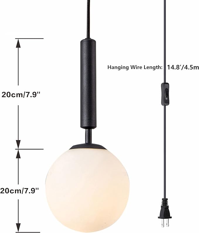 Modern White Glass Globe Pendant Light Nordic Plug-in Hanging Light Fixture with Adjustable Wire Postmodern Geometric Ball Chandelier for Kitchen Island Dining Room (Black)