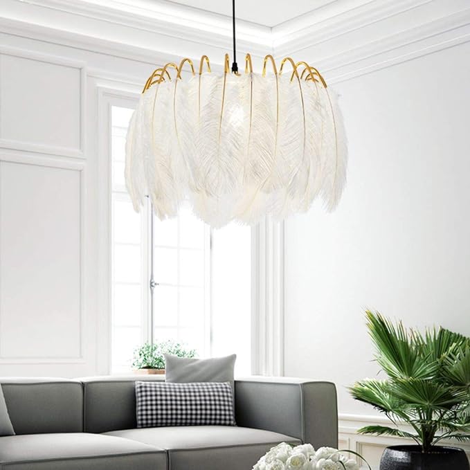 Nordic White Feather Chandelier Minimalist Decor Pendant Light Beautiful Adjustable Hanging Light for Bedroom Girls Room (Large)