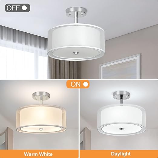 3-Light Modern Semi Flush Mount Ceiling Light Fixture, 12.6’’ Drum Light with Double Fabric Shade, Brushed Chrome Close to Ceiling Lights