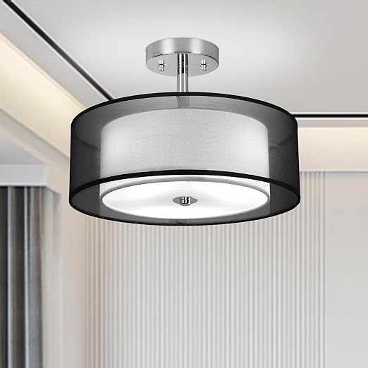 3-Light Semi Flush Mount Ceiling Light Fixture, Modern 15" Black Ceiling Lamp with Double Fabric Shade