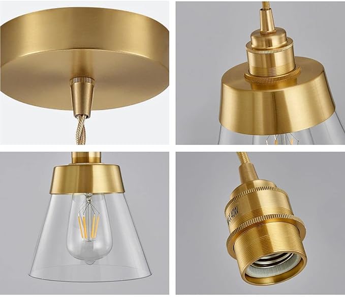 Modern Glass Glass Pendant Light Fixture Gold Brass Pendant Lighting with Conical-Shaped and Adjustable Cord for Kitchen Island, Bathroom