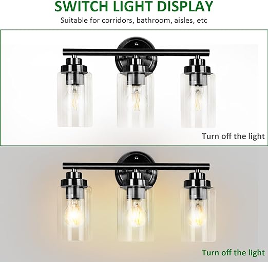 3-Light Wall Light, Bathroom Vanity Light Fixture with Clear Glass Shade, Black Wall Sconces Lighting