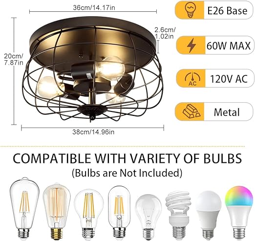 3-Light Industrial Flush Mount Ceiling Light Fixture, 14.96'' Farmhouse Matte Black Close to Ceiling Light