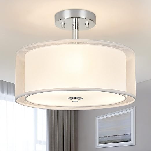 3-Light Modern Semi Flush Mount Ceiling Light Fixture, 12.6’’ Drum Light with Double Fabric Shade, Brushed Chrome Close to Ceiling Lights