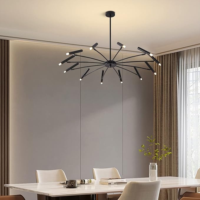 Modern Black Sputnik Chandelier Mid Century Vintage 12-Lights Semi Flush Mount Chandelier Ceiling Light Industrial Satellite Starburst Chandelier Pendant Light (12-Light)