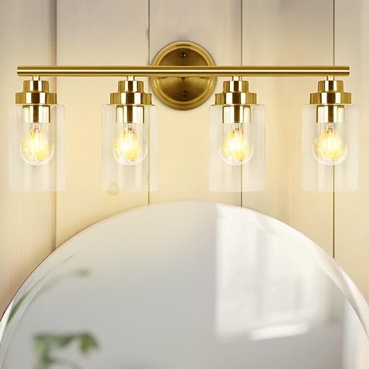 Bathroom Light Fixtures, Gold 4-Light Vanity Light with Clear Glass Shade, Bath Wall Sconces Lighting for Power Room, Mirror