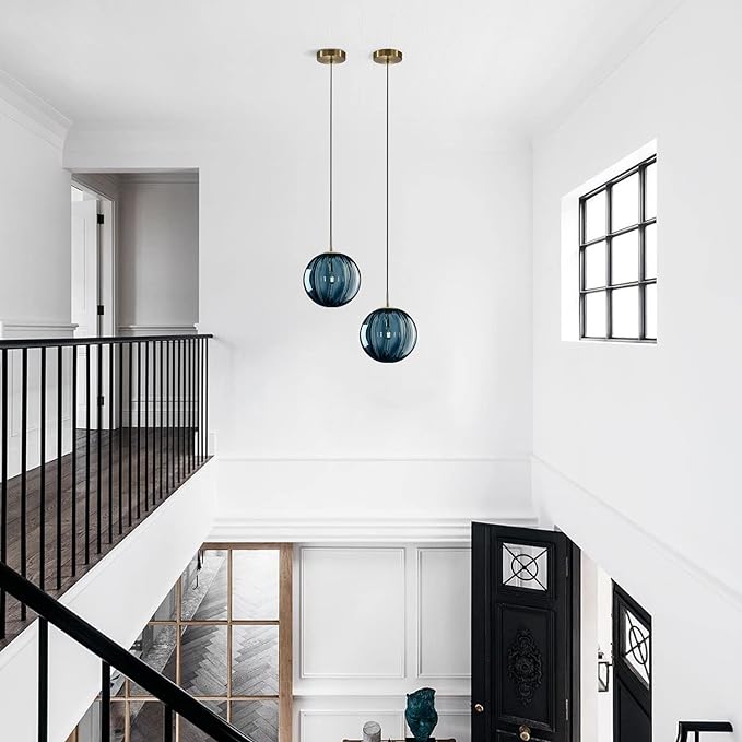 Modern 1-Light Globe Pendant Light Blue Glass Pendant Lights Kitchen Island Single Striped Glass Pendant Light Contemporary Mini Gold Hanging Light Fixture (Blue-7.9”)