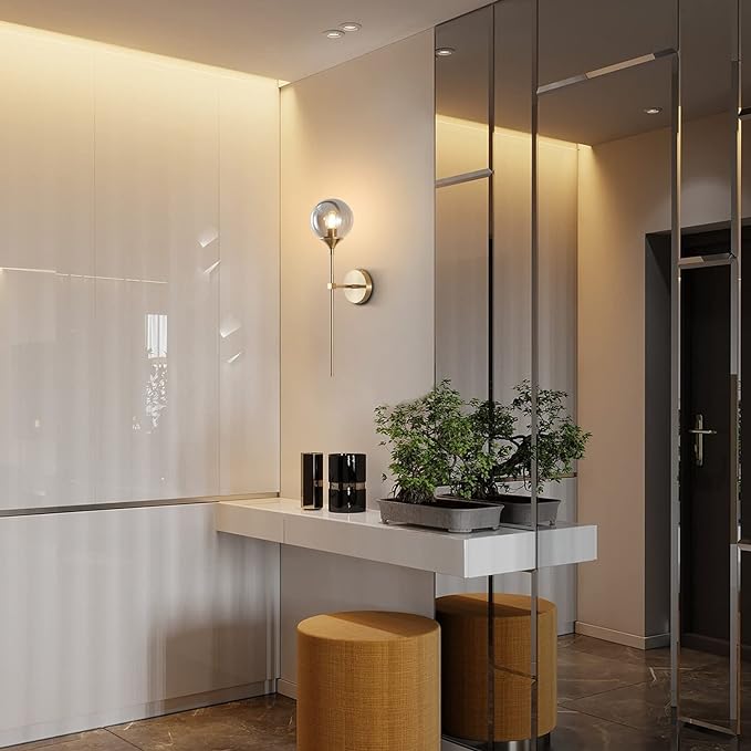 Smoke Gray Glass Globe Wall Sconce Modern Gold Long Pole Wall Lighting Mid Century Vintage Bathroom Light Fixture Sconce Brass Bar Wall Lamp (Smoke Gray)