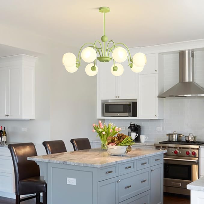 8-Lights Mid Century Modern Sputnik Chandelier Nordic Green Globe Kitchen Island Pendant Lights Milk Glass Ceiling Light Vintage Industrial Chandelier Ceiling Light Fixture