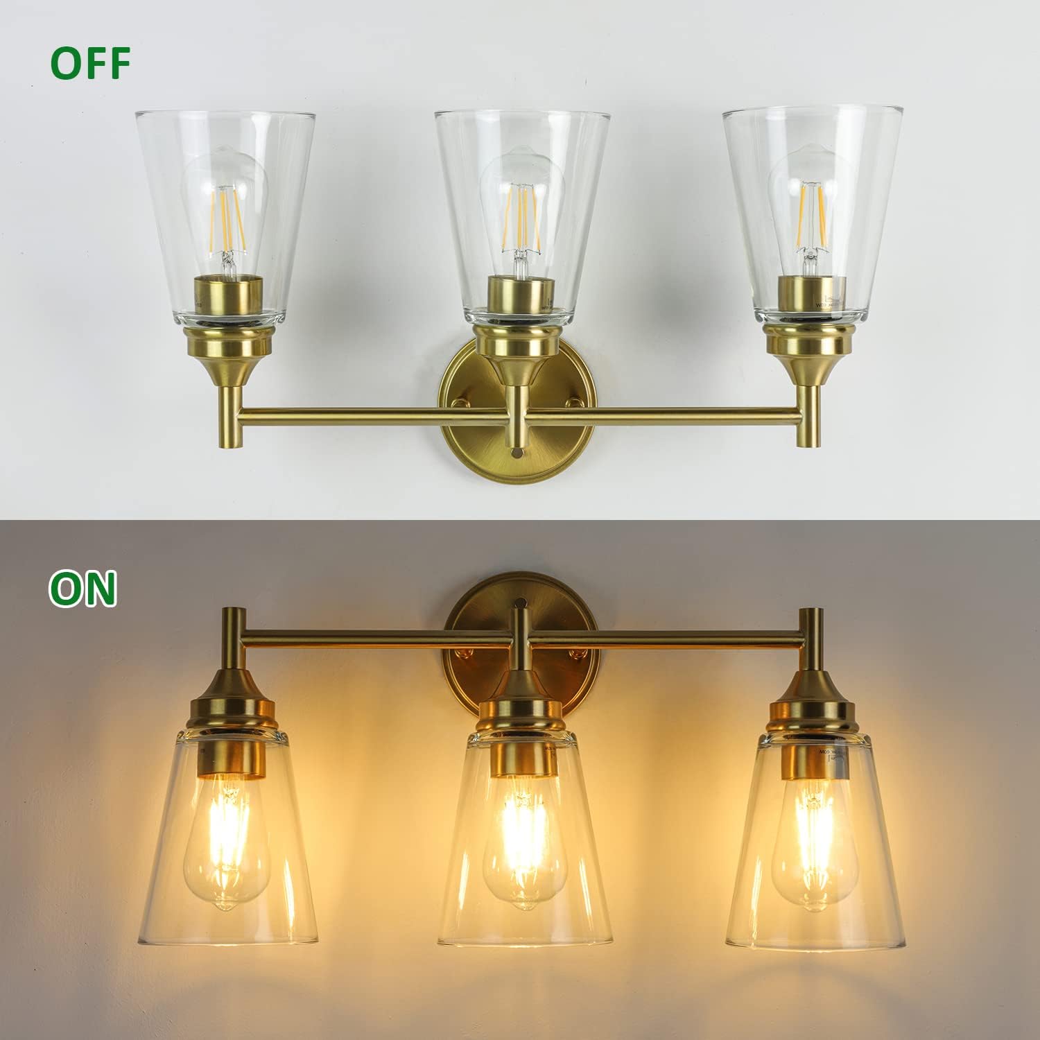 3-Light Modern Wall Light Fixture, Bathroom Vanity Light Over Mirror with 3 Clear Glass Shade