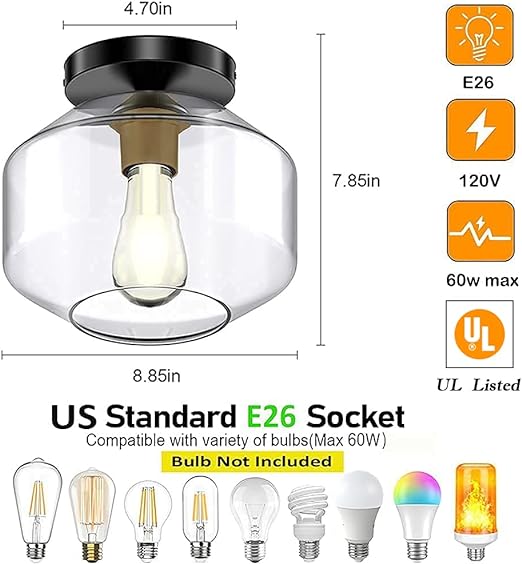 Industrial Semi Flush Mount Ceiling Light, Clear Glass Shade Ceiling Light Fixture