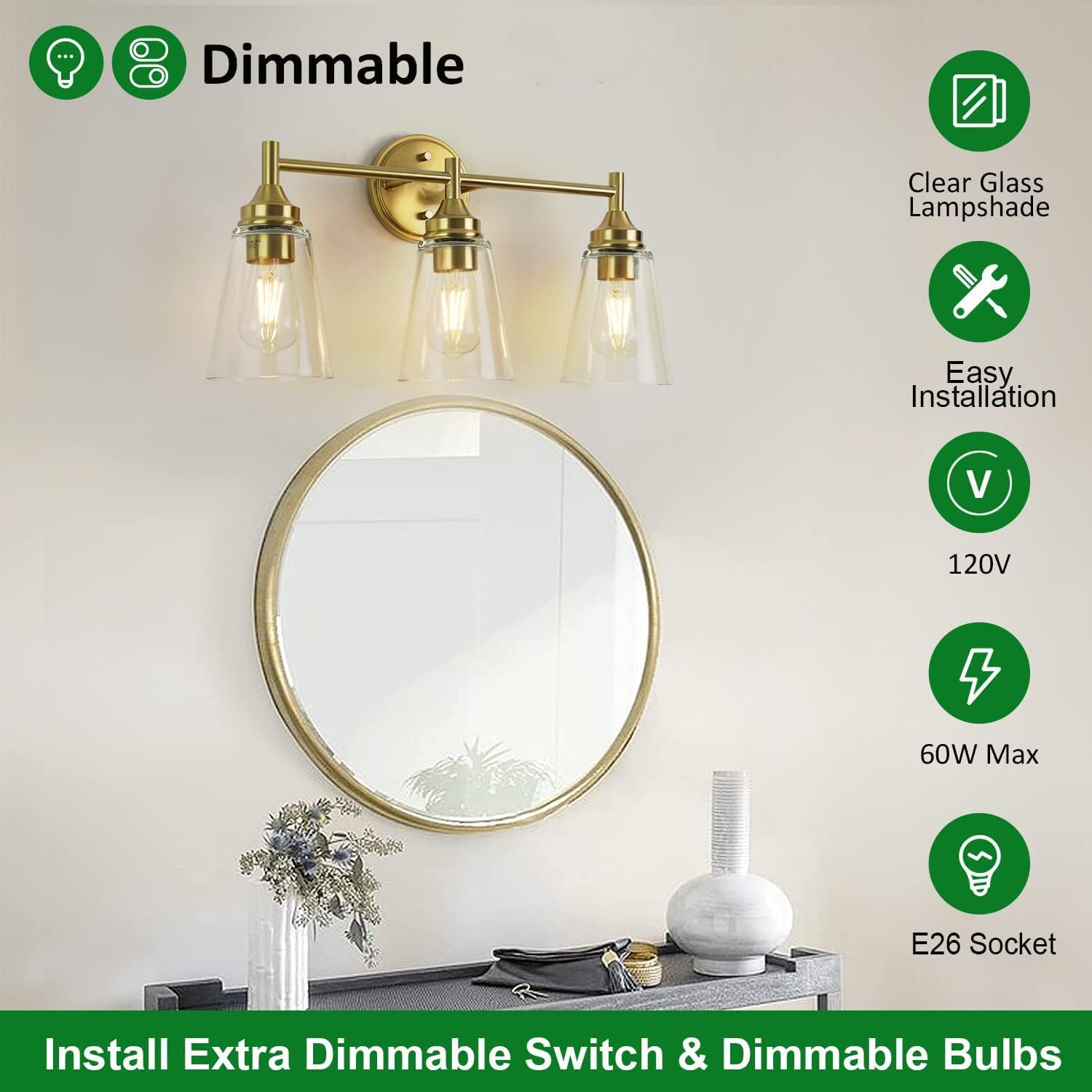 3-Light Modern Wall Light Fixture, Bathroom Vanity Light Over Mirror with 3 Clear Glass Shade