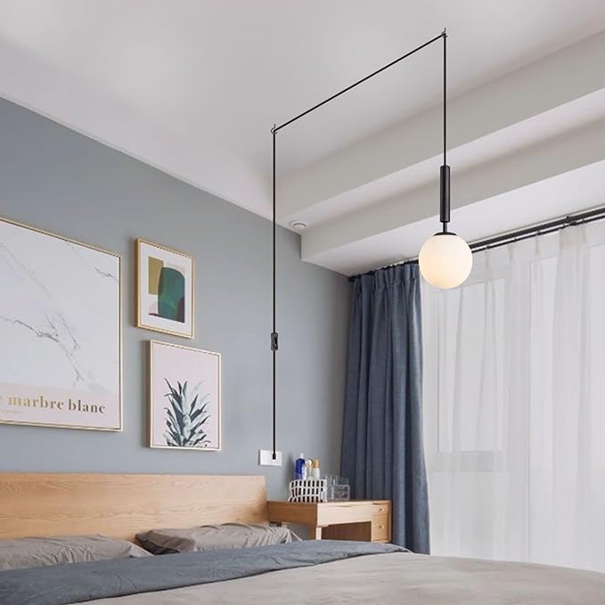 Modern White Glass Globe Pendant Light Nordic Plug-in Hanging Light Fixture with Adjustable Wire Postmodern Geometric Ball Chandelier for Kitchen Island Dining Room (Black)