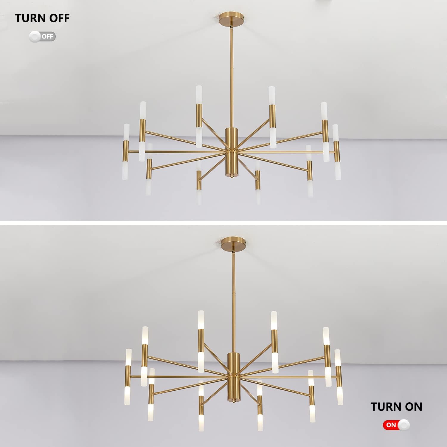 Modern Gold Brass LED Sputnik Chandelier 20-Light Luxury Round Pendant Lighting Fixture with White Acrylic Lampshade for Dining Room Living Room Bedroom