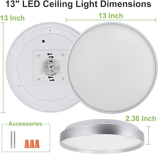 24W Modern LED Flush Mount Ceiling Light, 13 Inch Silver Low Profile Light Fixture, Thin Round Close to Ceiling Light