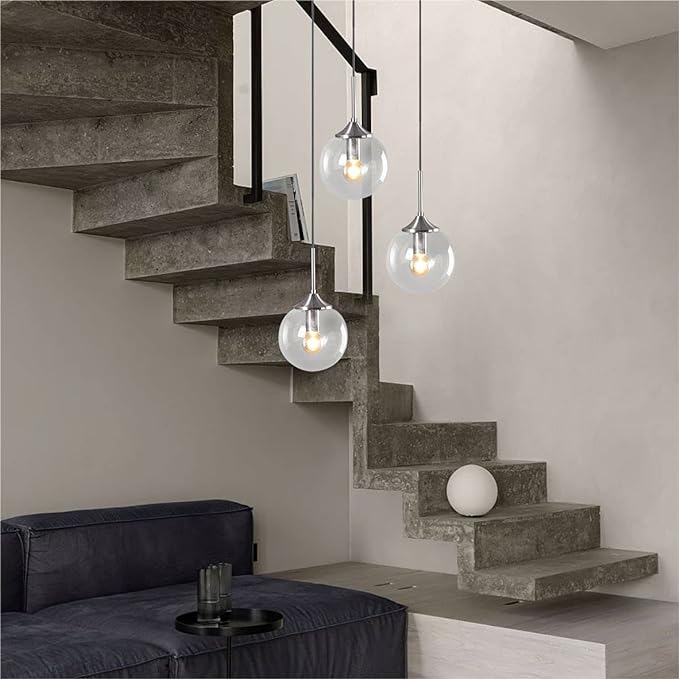Modern Nordic Hanging Ceiling Light Fixture 1-Light Silver Pendant Light with Glass Globe Adjustable Cord Contemporary Kitchen Island Lighting for Bedroom Living Room Dining Room (Clear)