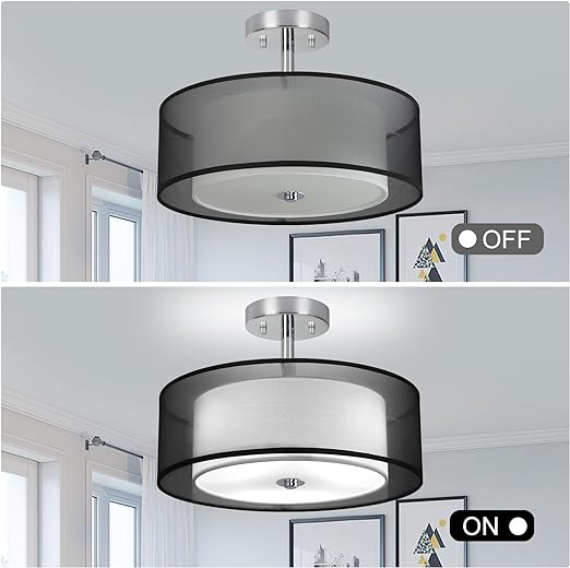 3-Light Semi Flush Mount Ceiling Light Fixture, Modern 15" Black Ceiling Lamp with Double Fabric Shade