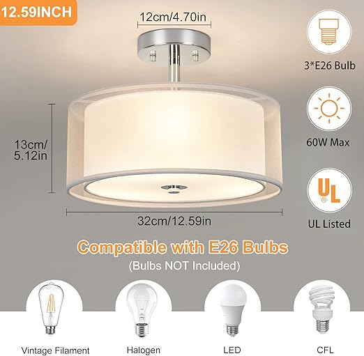 3-Light Modern Semi Flush Mount Ceiling Light Fixture, 12.6’’ Drum Light with Double Fabric Shade, Brushed Chrome Close to Ceiling Lights