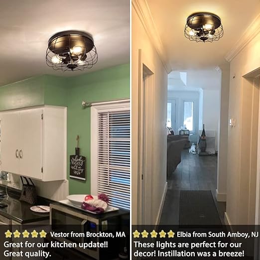 3-Light Industrial Flush Mount Ceiling Light Fixture, 14.96'' Farmhouse Matte Black Close to Ceiling Light