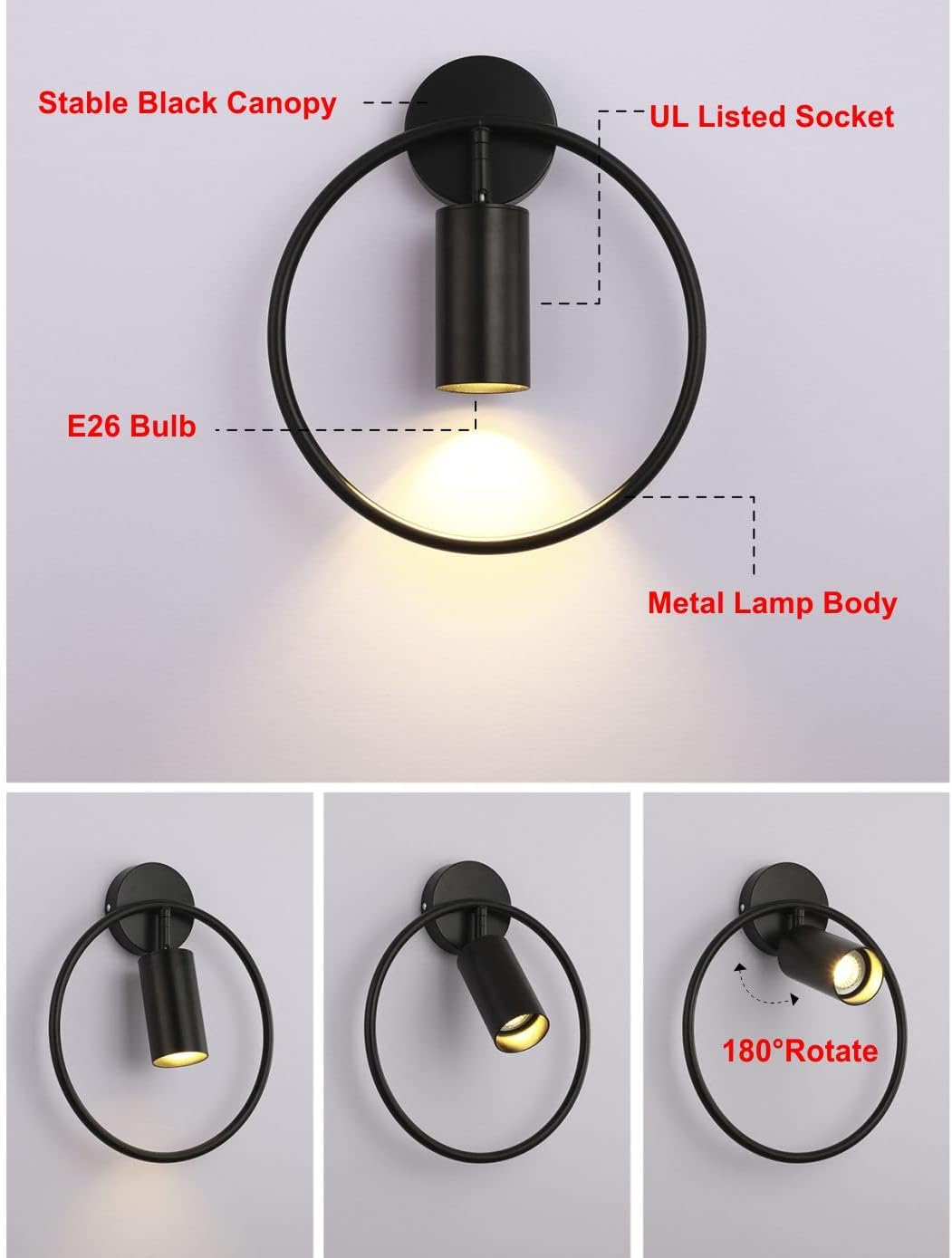 Vintage Wall Sconces Lighting Black Round Wall Mount Light Industrial Metal Wall Light Fixtures Bedside Wall Lamp for Bedroom Living Room Hallway (Black, 1 Pack)