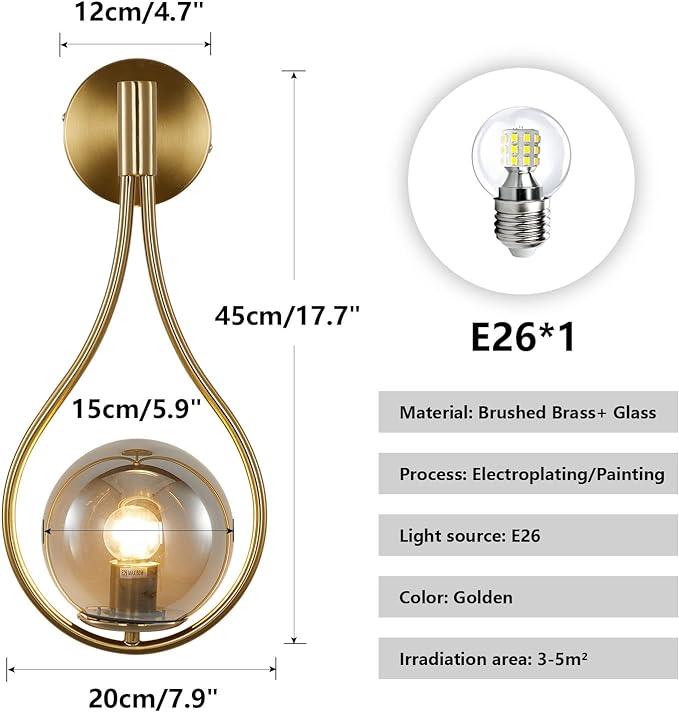 Modern Vintage Gold Teardrop Wall Sconce Farmhouse Globe Wall Light Fixture Cordless Sconces Wall Lighting for Stairwell Bathroom Bedroom (Gold + Smoke Grey)