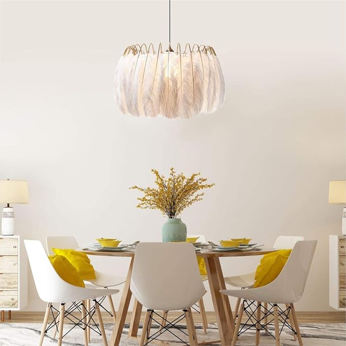 Nordic White Feather Chandelier Minimalist Decor Pendant Light Beautiful Adjustable Hanging Light for Bedroom Girls Room (Large)