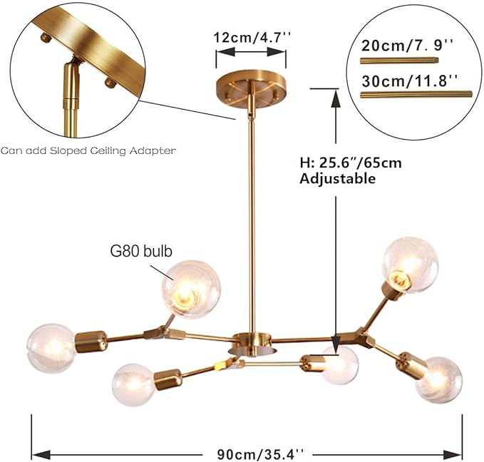 Modern Sputnik Chandelier Brushed Brass Hanging Lamp Industrial Flush Mount Ceiling Light Fixture Adjustable Hanging Lamp for Living Room (6 Lights Gold)