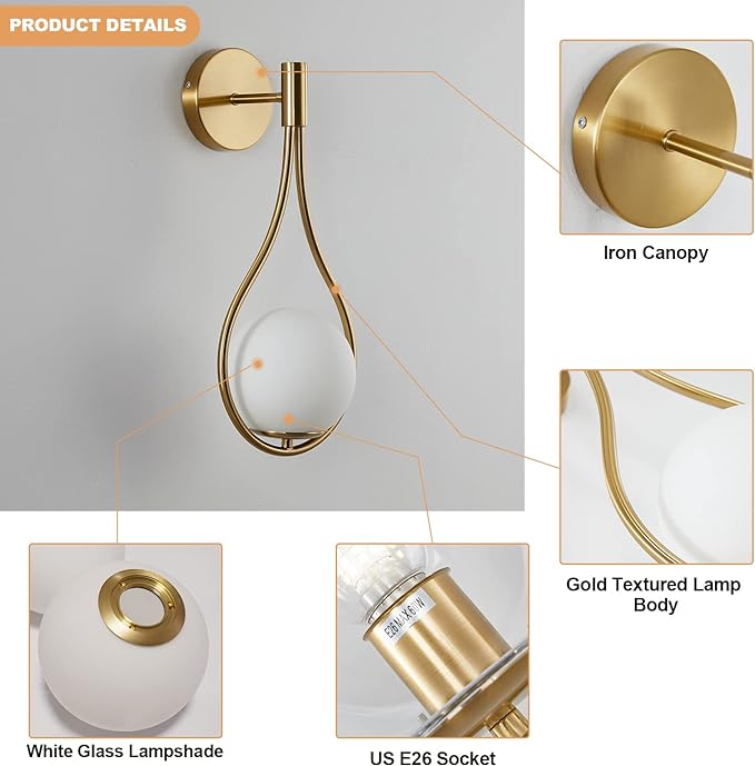 Wall Sconce Mid-Century Drop Design Wall Mounted Light Brushed Brass Wall Lamps, Wall Mount Light Fixture for Bedside Living Room (1 Pack)