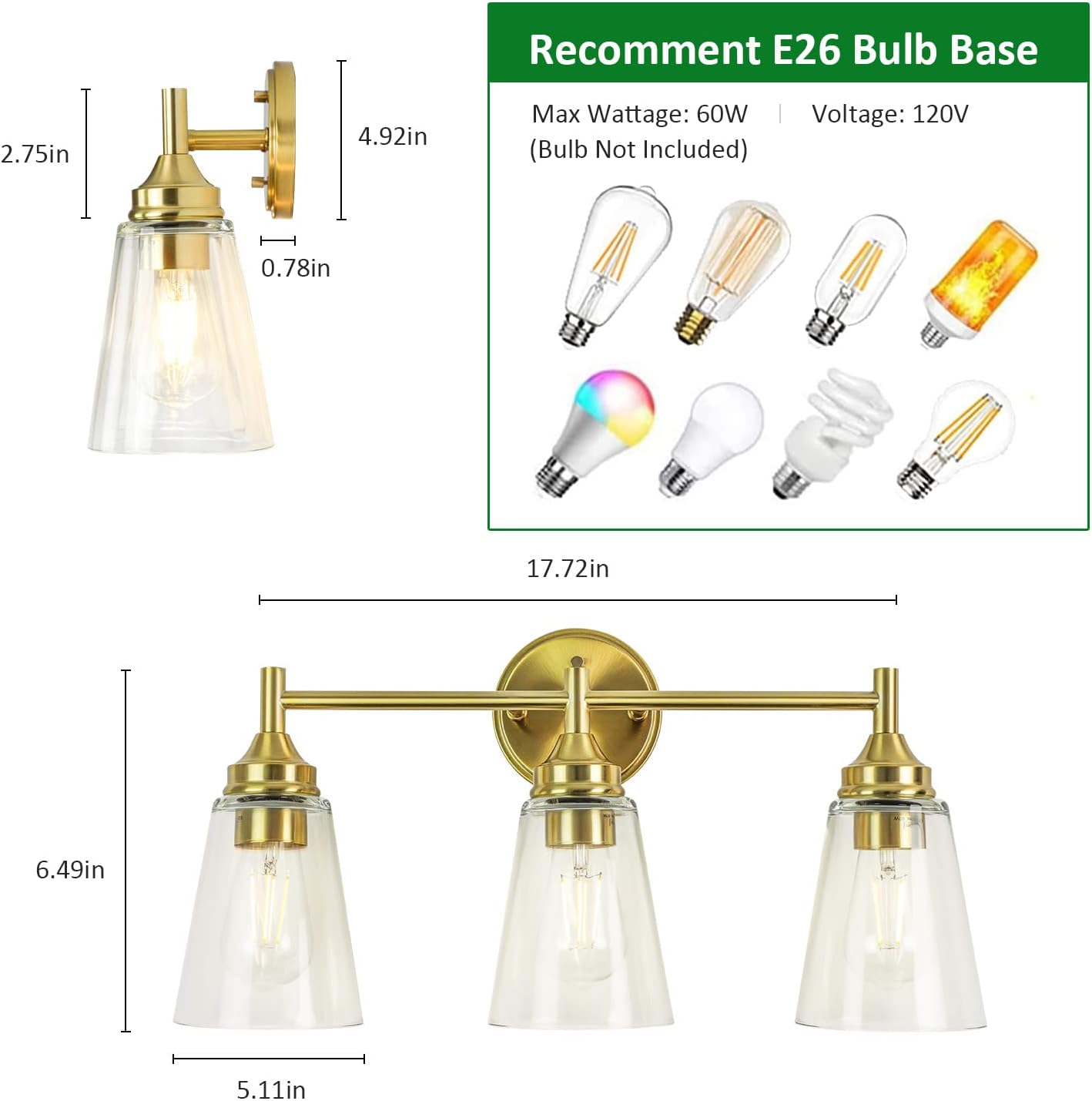 3-Light Modern Wall Light Fixture, Bathroom Vanity Light Over Mirror with 3 Clear Glass Shade